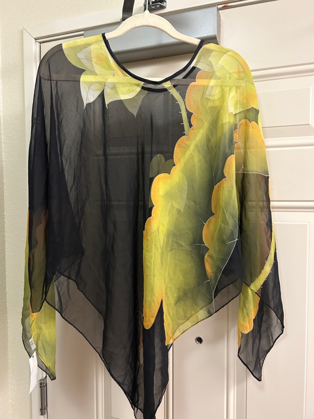 100% Silk Hilo Hattie Black Sheer Tunic with Yellow Floral Accent One Size